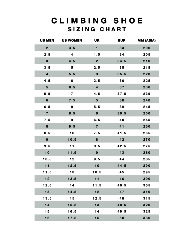 climbing shoe sizing